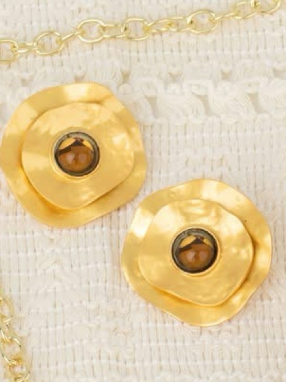 bloom Gold Floral Sculpted Earrings with Amber Center